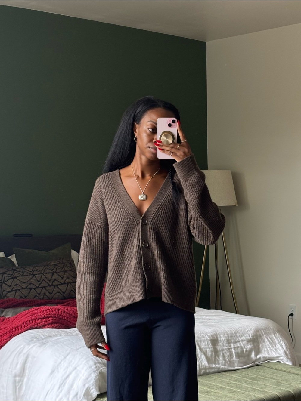 Quince Brown V-Neck Button Front Fisherman Boxy Cropped Sweater Cardigan
